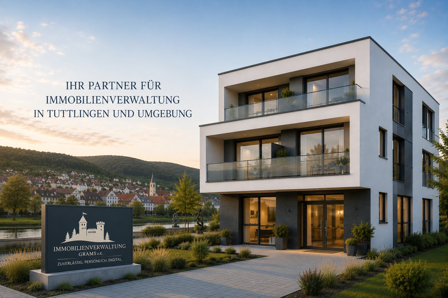 KI-generierte Illustration eines modernen Wohngebäudes – Immobilienverwaltung Grams e.K.