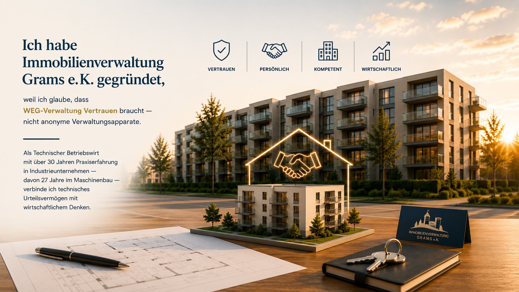 KI-generierte Werbegrafik – Immobilienverwaltung Grams e.K.: Vertrauen, Verantwortung, moderne Organisation
